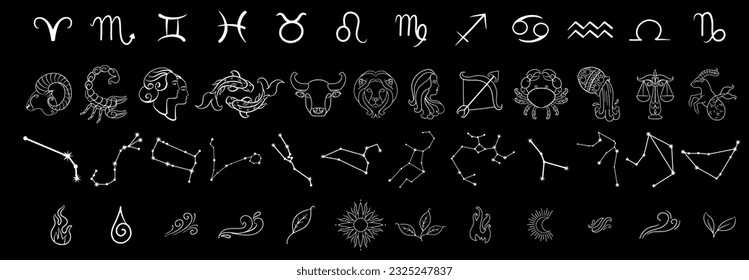 Set and collection of zodiac signs on black background. horoscopes, zodiac signs stars, zodiac signs elements. Aries, gemini, taurus, virgo, aquarius, libra, scorpio, pisces, capricorn, sagittarius,