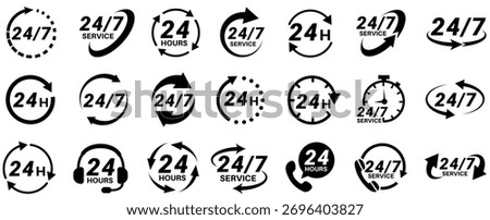 set collections 24 hours 7 days service assistance icon. 24 7 Call center sign customer service symbol labels template design illustration	