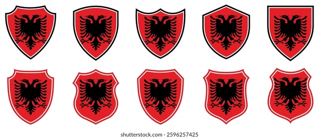 set collections albania flag in shield badge icon. albania flag symbol of powerful country. albania independence day emblem label sticker design template vector illustration