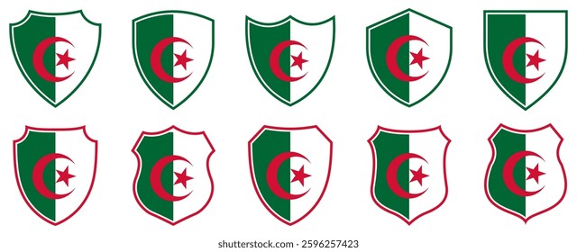 set collections algeria flag in shield badge icon. algeria flag symbol of powerful country. algeria independence day emblem label sticker design template vector illustration
