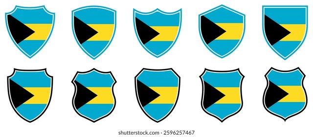 set collections bahamas flag in shield badge icon. bahamas flag symbol of powerful country. bahamas independence day emblem label sticker design template vector illustration