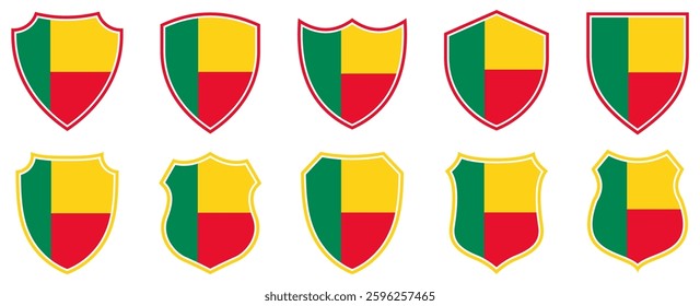 set collections benin flag in shield badge icon. benin flag symbol of powerful country. benin independence day emblem label sticker design template vector illustration