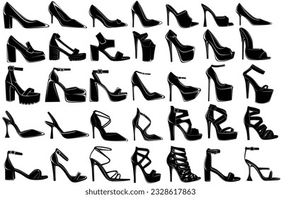 Set collections black high heels glossy silhouette icon. women shoes logo design vector illustration