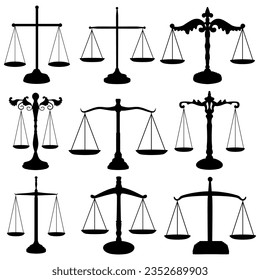 set collections black scale of justice silhouette icon. Balance law symbol vector illustration