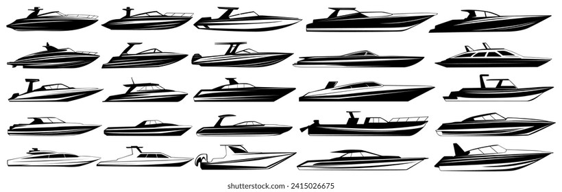 Set collections black speed boat silhouette icon. Glossy boat design vector Illustration