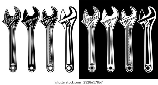 Set collections black white Adjustable wrench icon symbol. Repair tools design vector Illustration