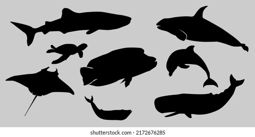 set of collections of black and white silhouettes of sea animals fish, sea life, marine life, seafood, clipart isolated on a white background