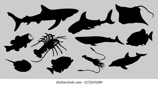 set of collections of black and white silhouettes of sea animals fish, sea life, marine life, seafood, clipart isolated on a white background