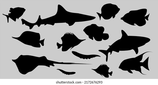 set of collections of black and white silhouettes of sea animals fish, sea life, marine life, seafood, clipart isolated on a white background