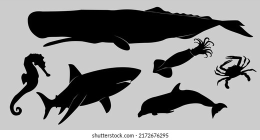 set of collections of black and white silhouettes of sea animals fish, sea life, marine life, seafood, clipart isolated on a white background