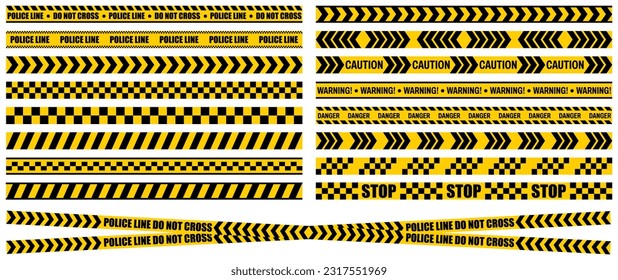 set collections Black and yellow police line stripe, danger, caution Icon. Crime scene don't cross vector illustration