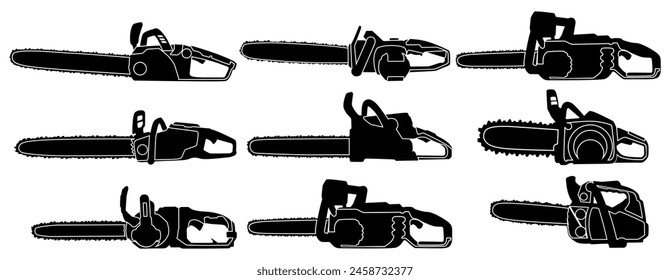 Set collections chainsaw black silhouette icon. Lumberjack logo. Woodworking symbol vector illustration