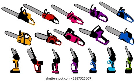 Establece el símbolo del icono de la sierra de cadena de las colecciones. Ilustración vectorial de herramientas de corte de madera