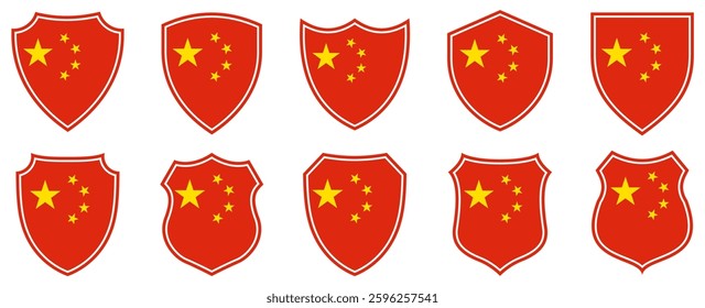 set collections china flag in shield badge icon. china flag symbol of powerful country. china independence day emblem label sticker design template vector illustration