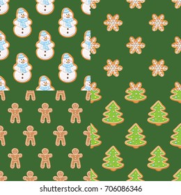 Set collections of Christmas gingerbread seamless patterns. Ginger cookies on green background. Vector illustration. Cute Xmas backgrounds for wallpaper, gift paper, textile, greetings cards
