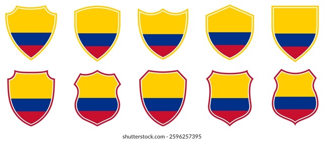 set collections colombia flag in shield badge icon. colombia flag symbol of powerful country. colombia independence day emblem label sticker design template vector illustration