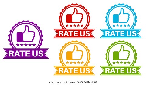 set collections colourful trendy rate us icon. giving rating Sign label sticker design template vector illustration