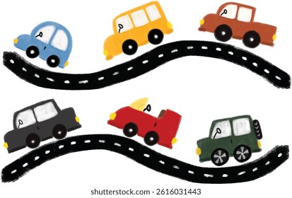 set collections of cute colorful pastel color cars crayon doodle watercolour illustration nursery kids child children hand drawn drawing vector pickup truck school bus black red blue in road street