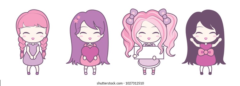 Set collections of cute girls holding hearts and frames. In pink purple colors isolated on white background. Vector illustration. Can use for valentines or birthday card, as labels etc