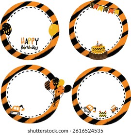 Set collections of cute hand drawn Blank rounded photo text frame in orange black stripe police line construction work site safety road street round circle happy birthday party clipart cutout vector