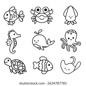 Set collections of cute sea ocean animals creatures doodle hand drawn kids illustration black white coloring book clipart outline happy world international day