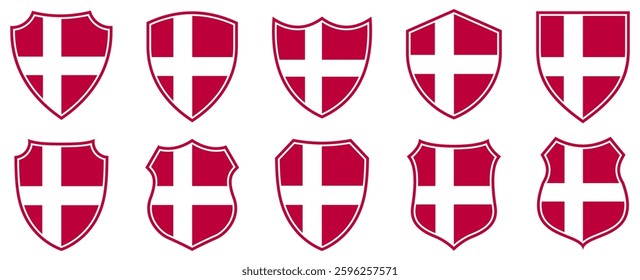 set collections denmark flag in shield badge icon. denmark flag symbol of powerful country. denmark vintage emblem label sticker design template vector illustration