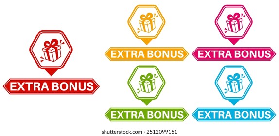 Establecer colecciones Etiquetas de iconos de bonificación extra. Ilustración vectorial de diseño de Plantilla de etiquetas de promoción de signo de regalo gratis