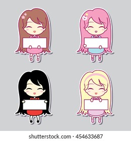 Set collections of four cute girls holding blank frames. With white stroke and shadows , isolated on grey background. Vector illustration. Can use for birthday card, as labels etc