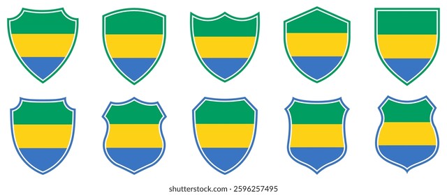 set collections gabon flag in shield badge icon. gabon flag symbol of powerful country. gabon independence day emblem label sticker design template vector illustration