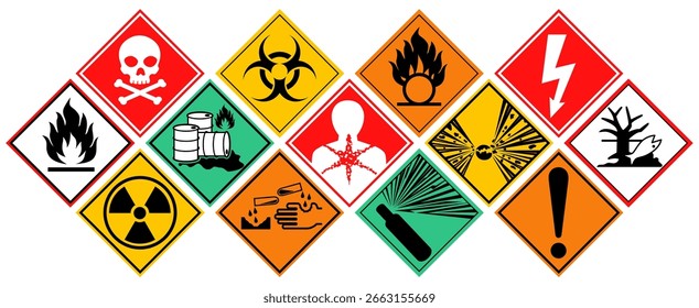Set Kollektionen GHS Warnzeichen. Globales harmonisiertes Systemsymbol. Chemikalien Gefahrstoffetiketten Schablone Design Vektorgrafik