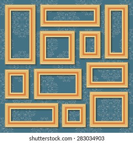 Set collections of golden empty frames on the blue damask pattern background with shadows for your art, text or photo. Vector illustration.