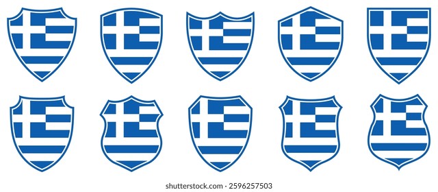 set collections Greece flag in shield badge icon. Greece flag symbol of powerful country. Greece independence day emblem label sticker design template vector illustration