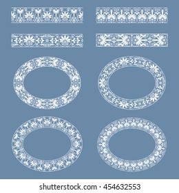 Set collections of greek style ornaments. Oval frames and borders in white color on the grey blue background. Ethnic patterns. Vector illustrations. Can be used for birthday card, wedding invitations