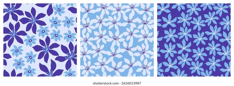 set collections hand drawn blue flowers seamless pattern floral for textiles, wallpaper, wrapping paper, fabric, fashion, tropical design background vector illustration