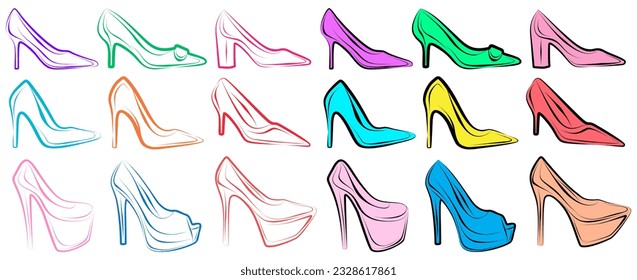 Set collections high heels line art icon. women shoes logo design vector illustration