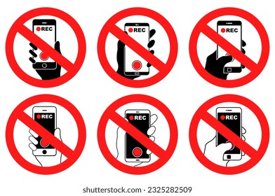 Set collections Holding phone no recording prohibited sign. Smartphones forbidden round sticker vector illustration