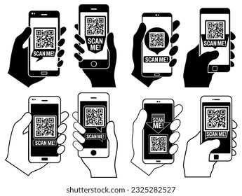 Set collections Holding Phone Scan me Icon symbol. QR code Barcode flat design template vector illustration