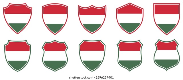 set collections Hungary flag in shield badge icon. Hungary flag symbol of powerful country. Hungary independence day emblem label sticker design template vector illustration