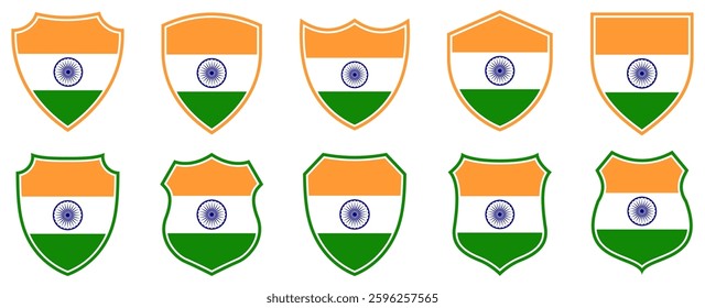 set collections india flag in shield badge icon. india flag symbol of powerful country. india independence day emblem label sticker design template vector illustration