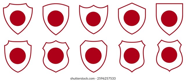 set collections japan flag in shield badge icon. japan flag symbol of powerful country. japan vintage day emblem label sticker design template vector illustration	
