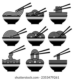 set collections Japanese Noodles Black silhouette icon symbol. Ramen noodles design vector illustration