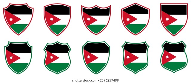 set collections jordan flag in shield badge icon. jordan flag symbol of powerful country. jordan independence day emblem label sticker design template vector illustration