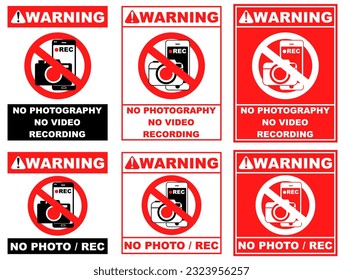 Set collections Labels no photography and recording sign flat design. Prohibited No camera sticker vector illustration