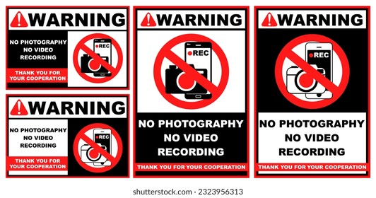 Set collections Labels no photography and recording sign flat design. Prohibited No camera sticker vector illustration