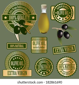 set collections of labels for olive oil, olive branch products isolated on grey background. vector illustration