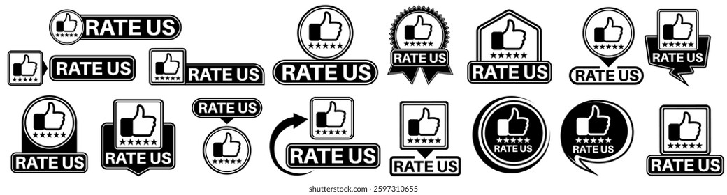 set collections labels rate us sign. giving rating symbol costumer satisfaction icon design vector illustration
