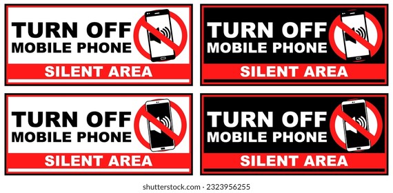Set collections Labels turn off mobile phone sign flat design. Silent area sticker vector illustration