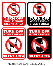 Set collections Labels turn off mobile phone sign flat design. Silent area sticker vector illustration