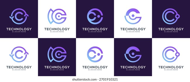 Conjunto de Colecciones de letra C con puntos y líneas circulares, ideas de diseño de logotipo. Vector único de conexiones de red de Tecnología.	
