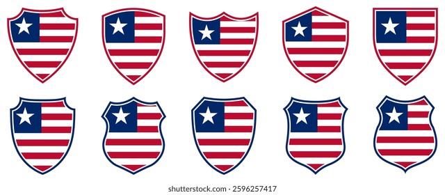 set collections liberia flag in shield badge icon. liberia flag symbol of powerful country. liberia independence day emblem label sticker design template vector illustration